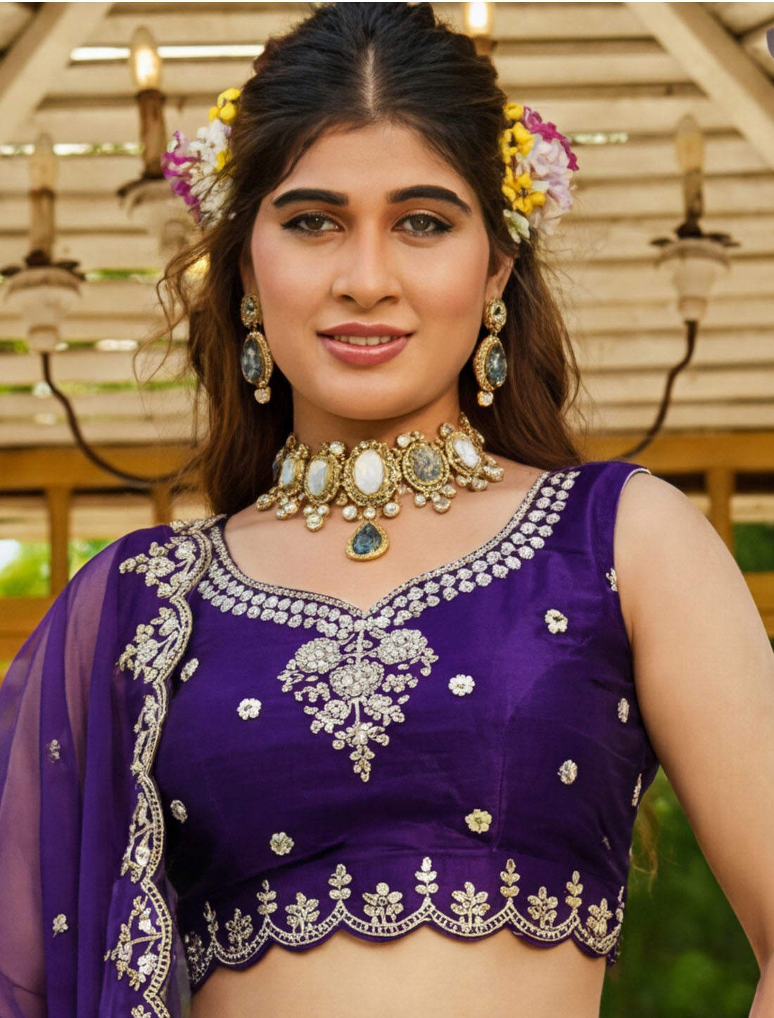 Purple Satin Ethnic Crystal Handwork Dori Embroidery Lehenga Choli