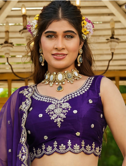 Purple Satin Ethnic Crystal Handwork Dori Embroidery Lehenga Choli