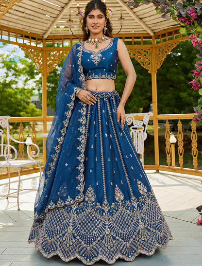 Blue Satin Ethnic Crystal Handwork Dori Embroidery Lehenga Choli