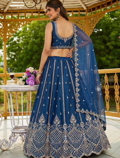 Blue Satin Ethnic Crystal Handwork Dori Embroidery Lehenga Choli