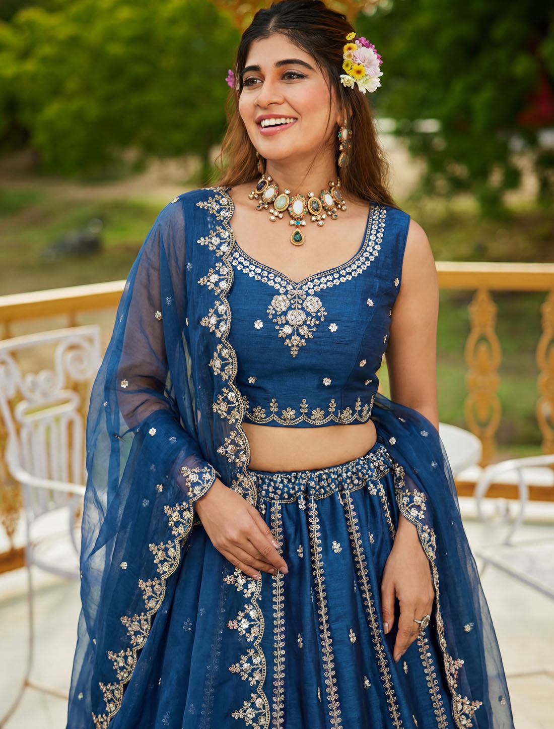 Blue Satin Ethnic Crystal Handwork Dori Embroidery Lehenga Choli