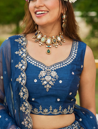 Blue Satin Ethnic Crystal Handwork Dori Embroidery Lehenga Choli