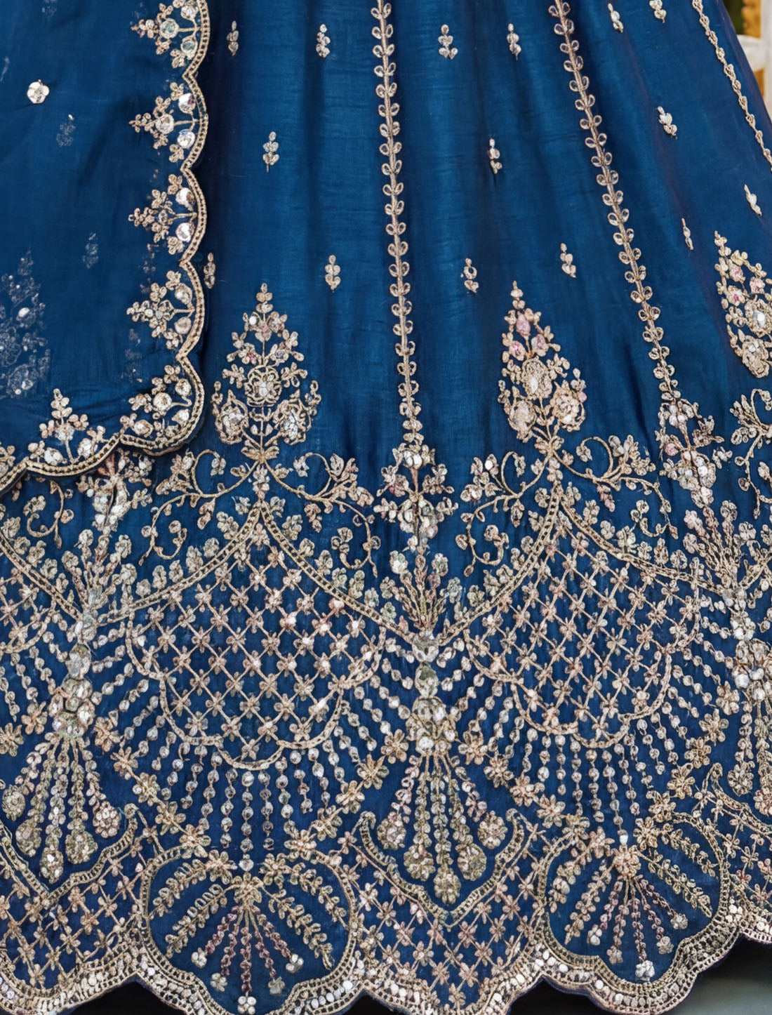 Blue Satin Ethnic Crystal Handwork Dori Embroidery Lehenga Choli
