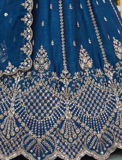 Blue Satin Ethnic Crystal Handwork Dori Embroidery Lehenga Choli