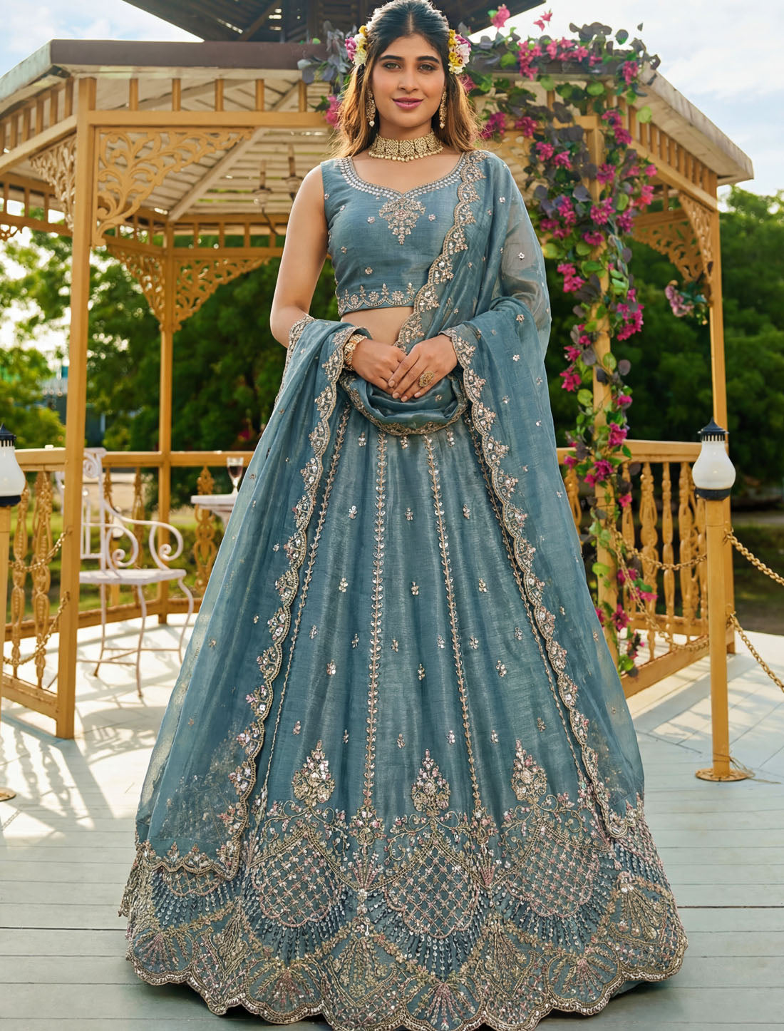 Ethnic Light Blue Satin Crystal Handwork Dori Embroidery Lehenga Choli