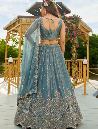 Ethnic Light Blue Satin Crystal Handwork Dori Embroidery Lehenga Choli