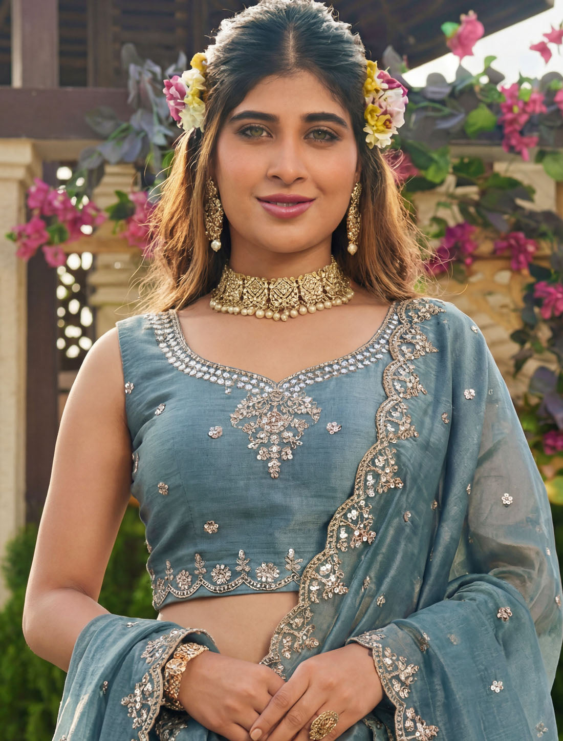 Ethnic Light Blue Satin Crystal Handwork Dori Embroidery Lehenga Choli