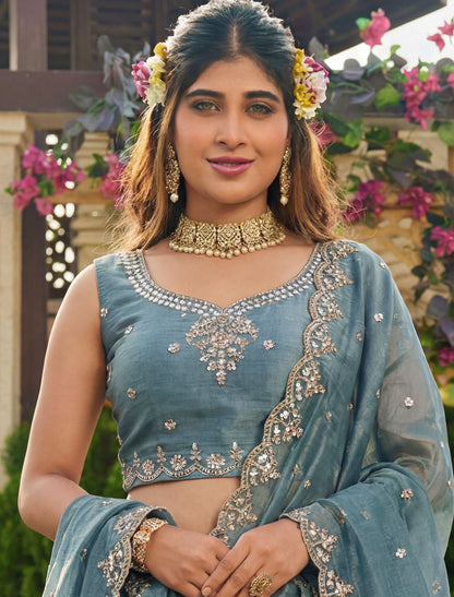 Ethnic Light Blue Satin Crystal Handwork Dori Embroidery Lehenga Choli