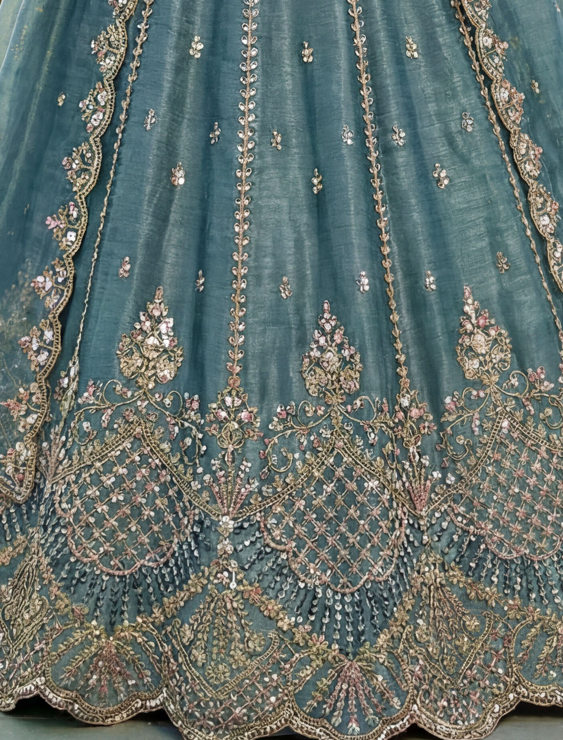 Ethnic Light Blue Satin Crystal Handwork Dori Embroidery Lehenga Choli