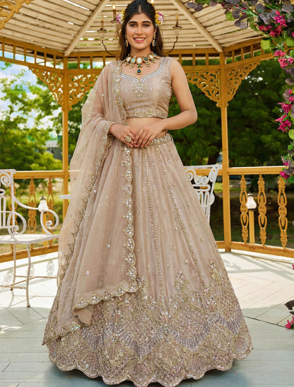 Cream Satin Ethnic Crystal Handwork Dori Embroidery Lehenga Choli