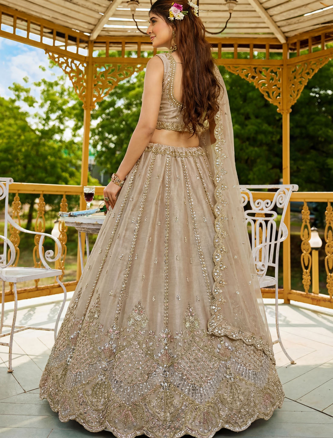 Cream Satin Ethnic Crystal Handwork Dori Embroidery Lehenga Choli