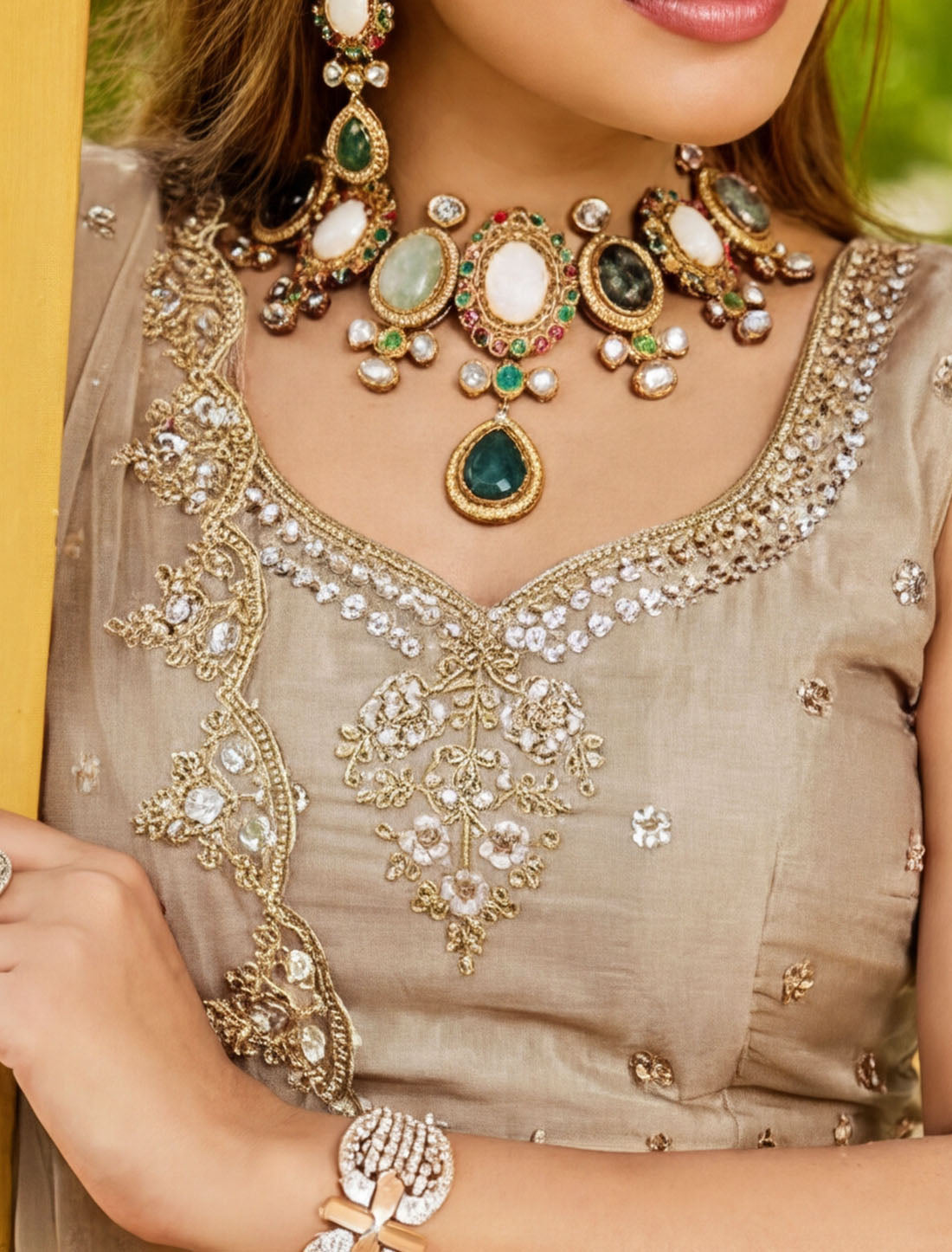 Cream Satin Ethnic Crystal Handwork Dori Embroidery Lehenga Choli
