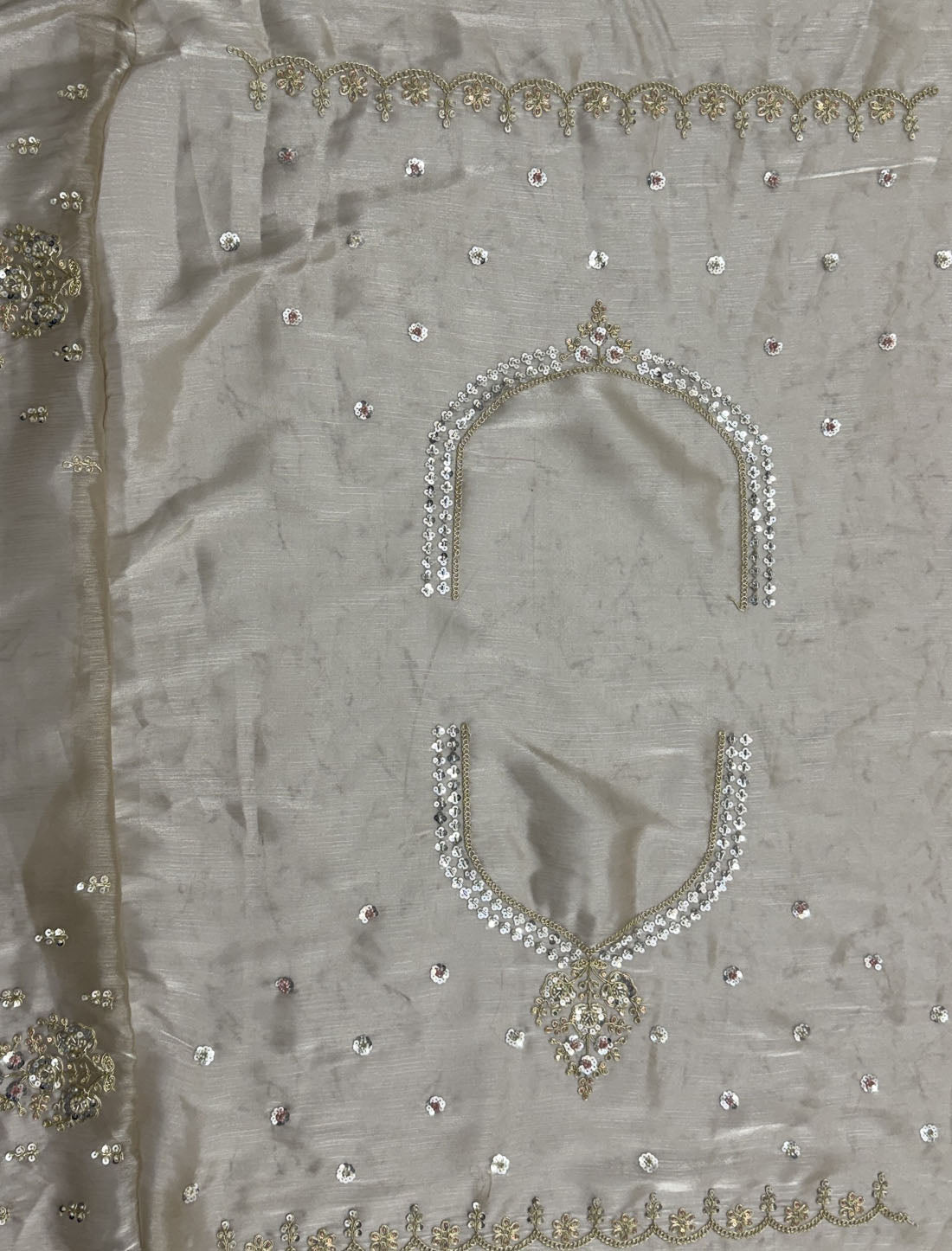 Cream Satin Ethnic Crystal Handwork Dori Embroidery Lehenga Choli
