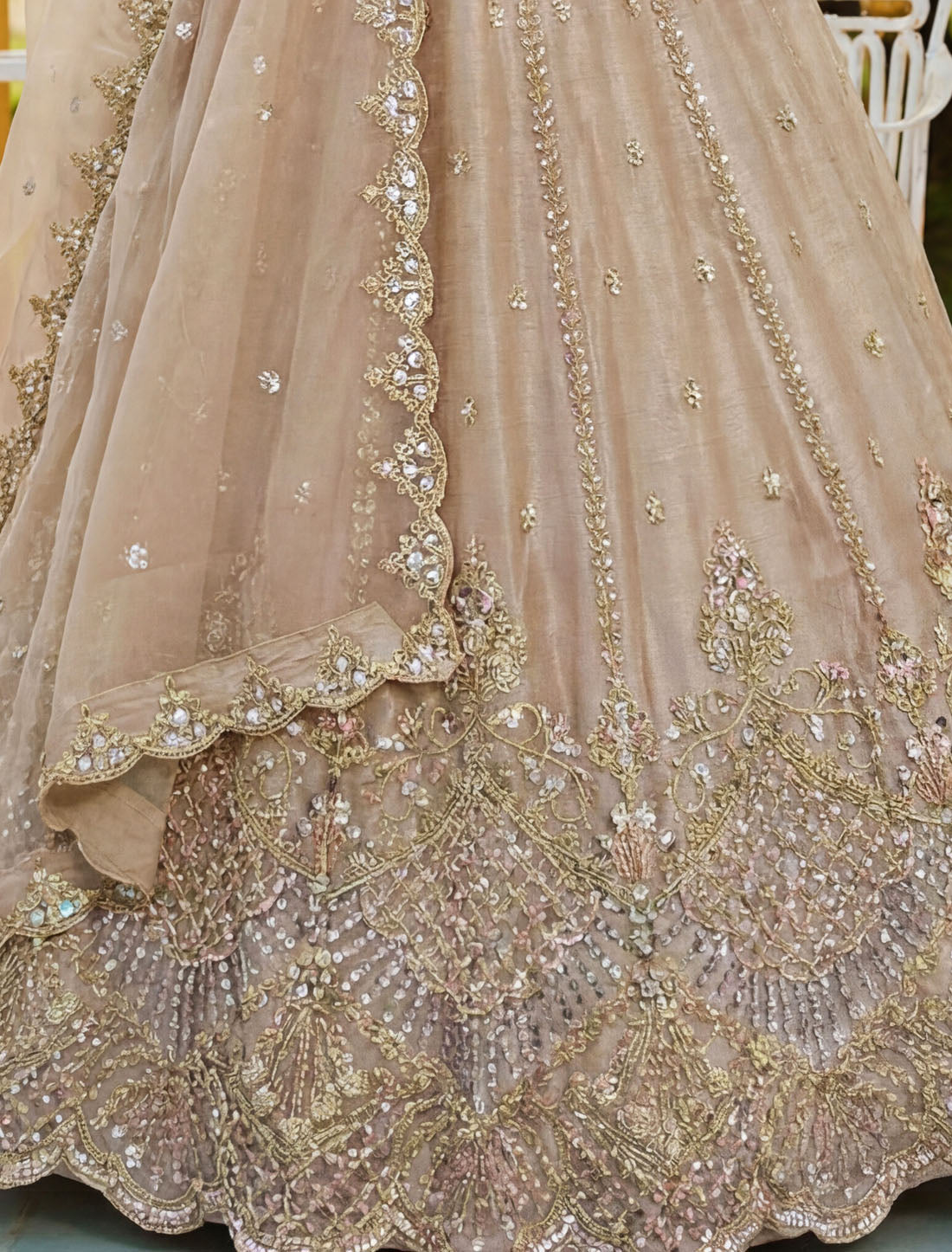 Cream Satin Ethnic Crystal Handwork Dori Embroidery Lehenga Choli