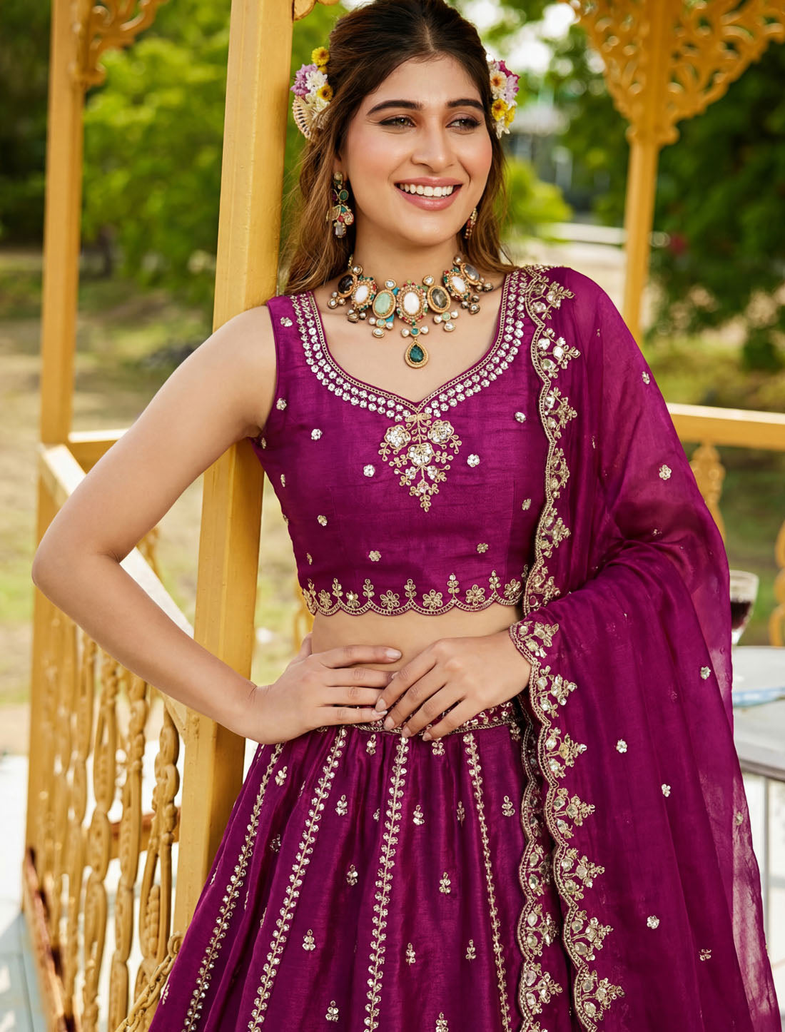 Maroon Satin Crystal Handwork Dori Embroidery Ethnic Lehenga Choli