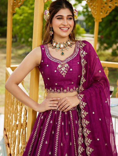 Maroon Satin Crystal Handwork Dori Embroidery Ethnic Lehenga Choli