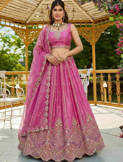 Pink Satin Ethnic Crystal Handwork Dori Embroidery Lehenga Choli
