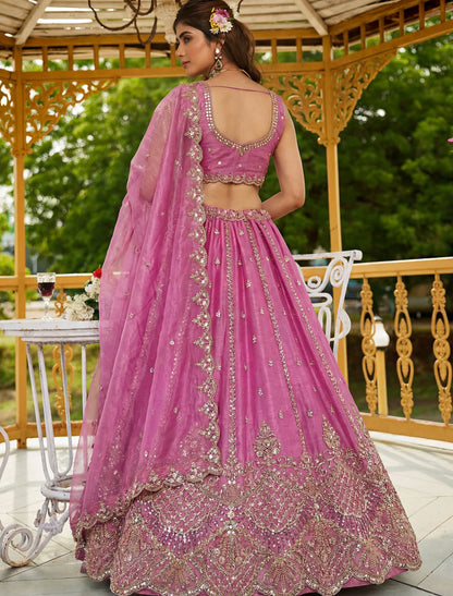 Pink Satin Ethnic Crystal Handwork Dori Embroidery Lehenga Choli