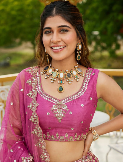 Pink Satin Ethnic Crystal Handwork Dori Embroidery Lehenga Choli