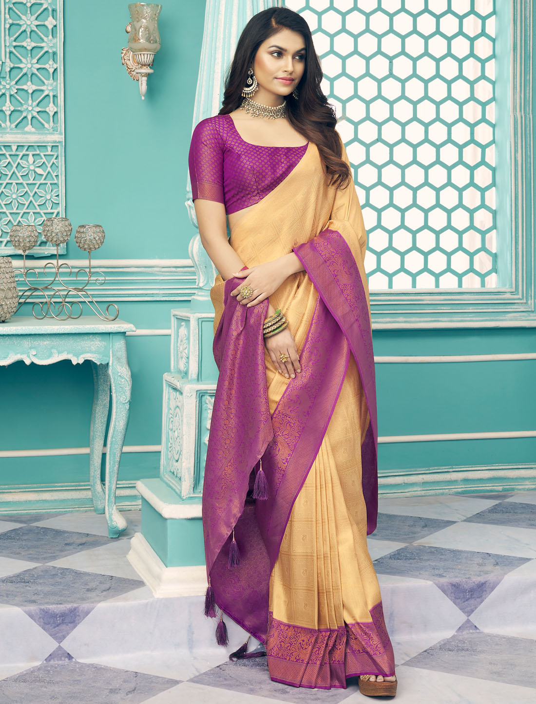 Golden Twilight Softy Kubera Pattu With Chaap Dying Saree for Women