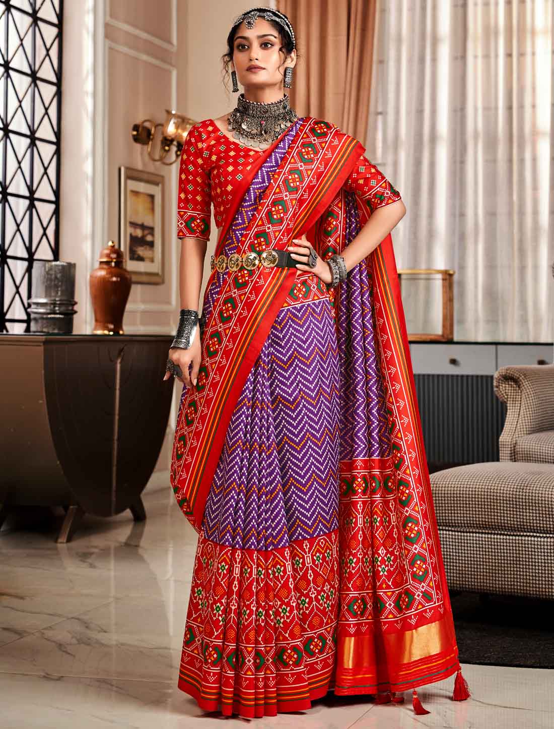 Ethnic Pure Tusser With Patola Print UnStitched Saree