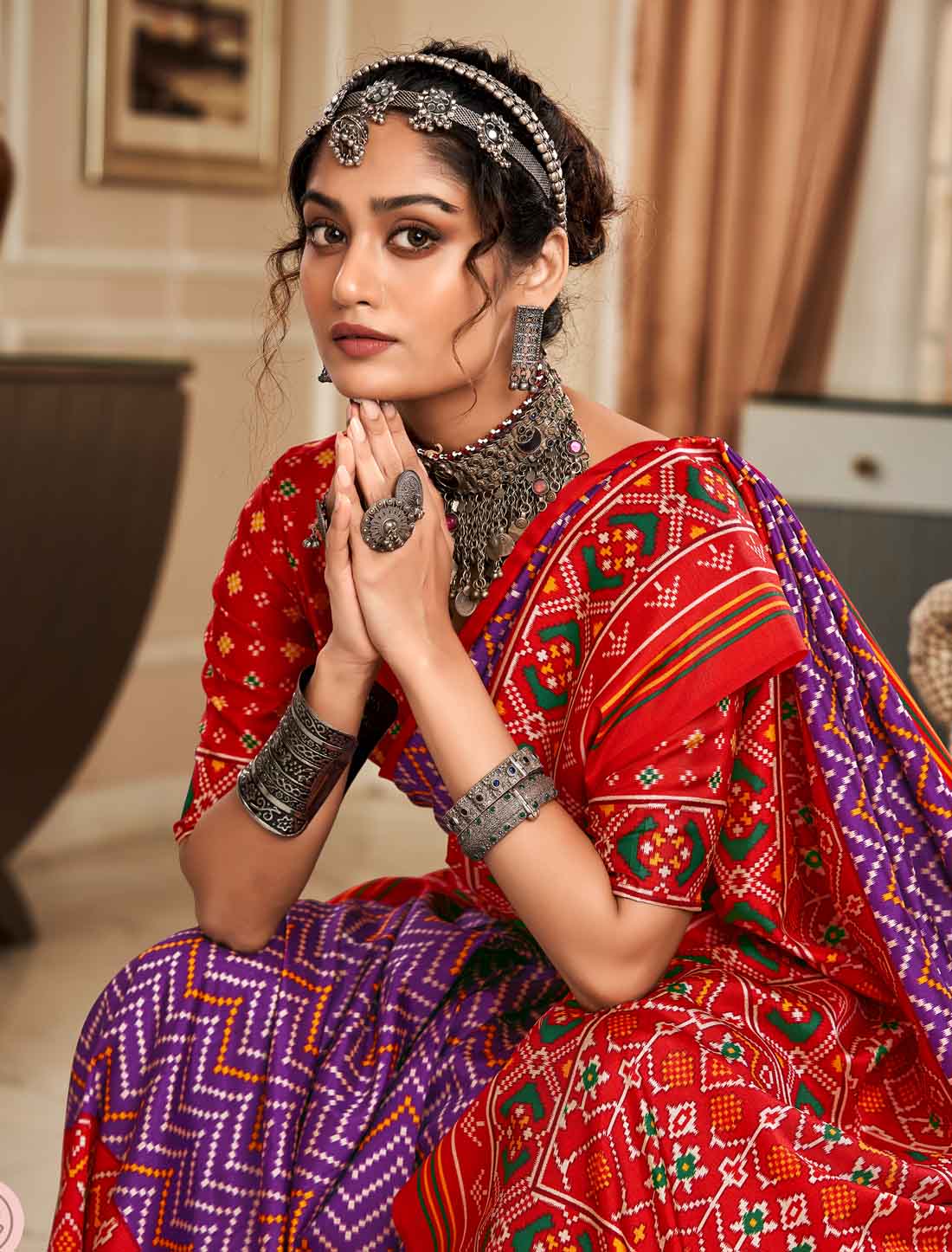 Ethnic Pure Tusser With Patola Print UnStitched Saree