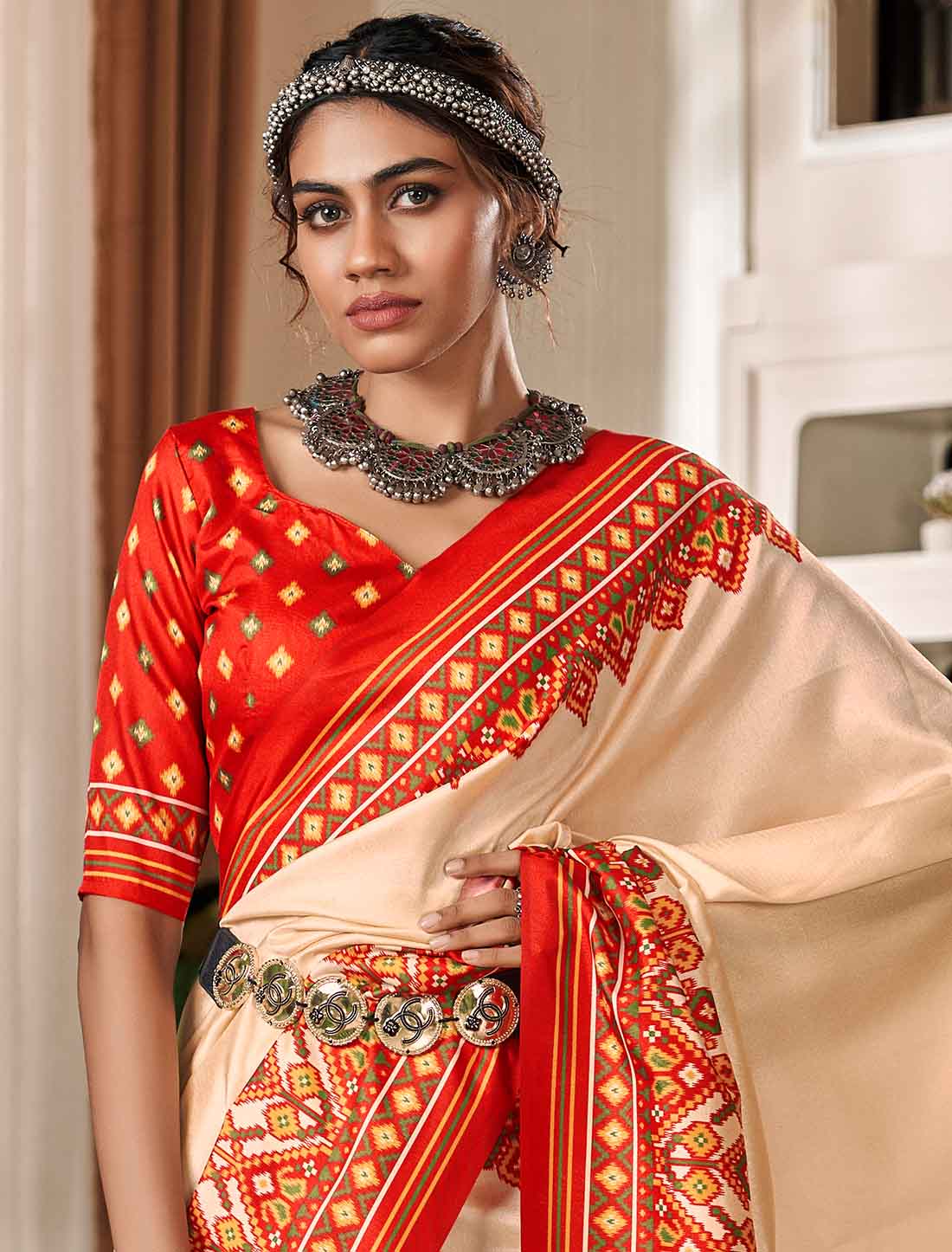 Pure Tusser With Patola Print UnStitched Ethnic Saree
