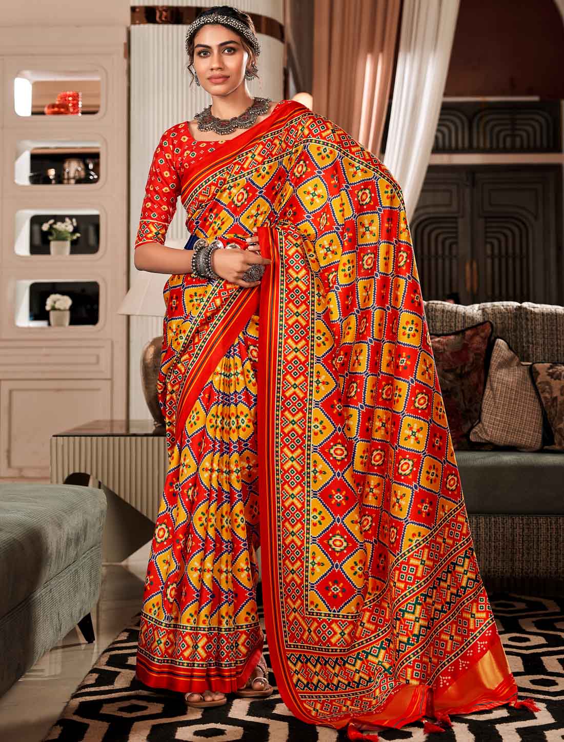 Ethnic Patola Print With Pure Tusser UnStitched Saree
