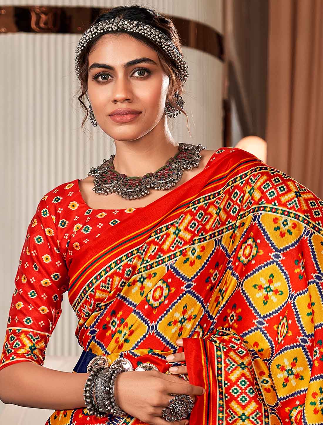 Ethnic Patola Print With Pure Tusser UnStitched Saree