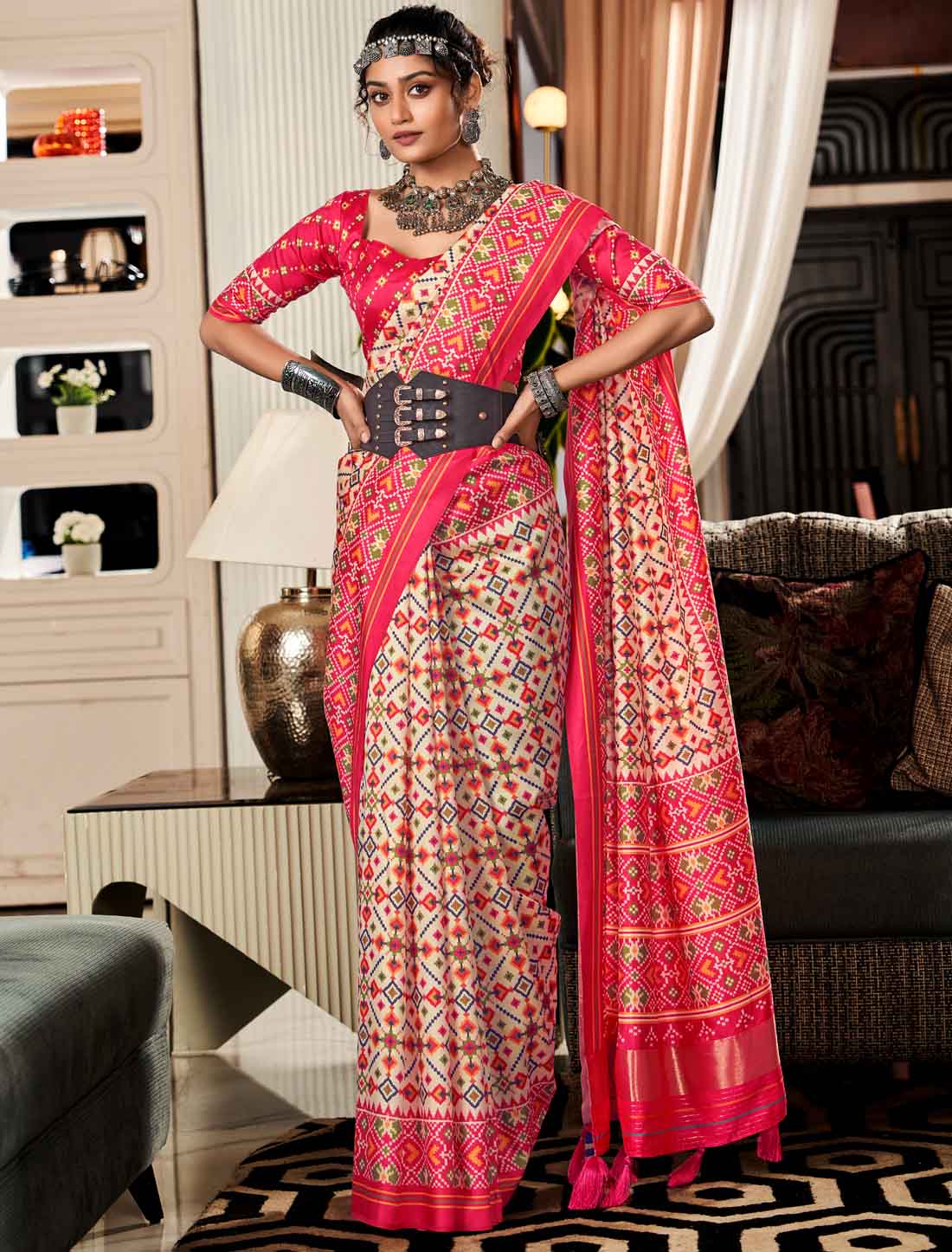 Ethnic Pure Tusser With Patta Pallu Patola Print Saree