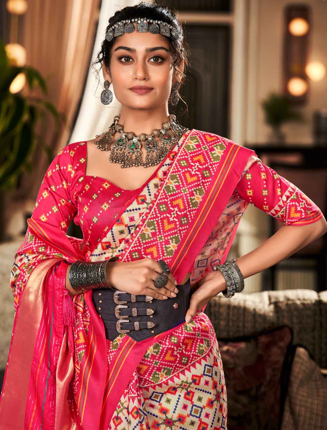 Ethnic Pure Tusser With Patta Pallu Patola Print Saree