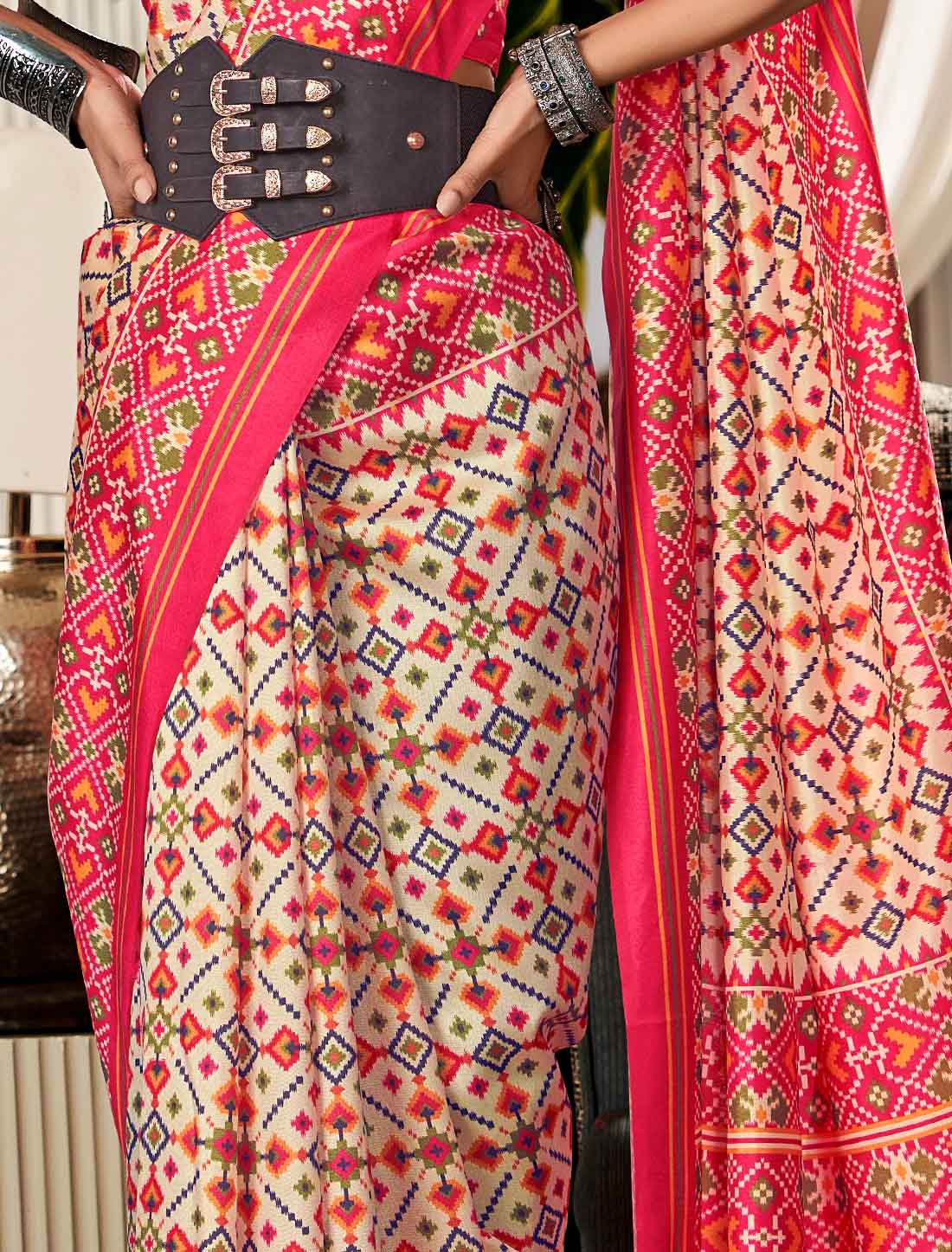 Ethnic Pure Tusser With Patta Pallu Patola Print Saree