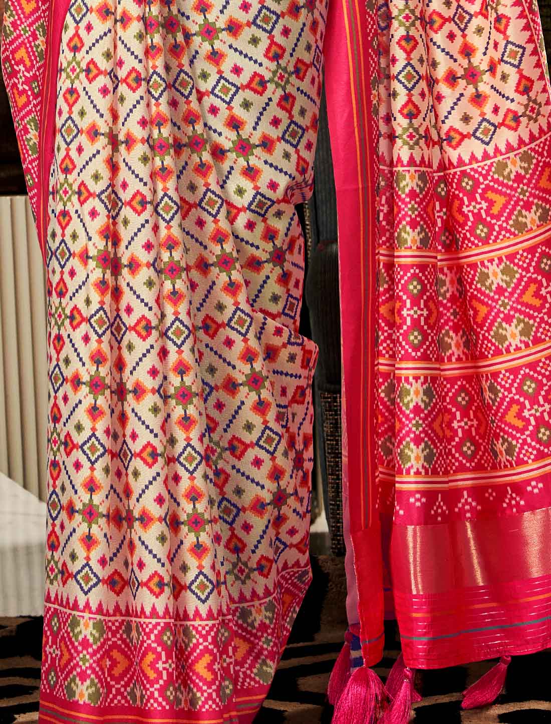 Ethnic Pure Tusser With Patta Pallu Patola Print Saree