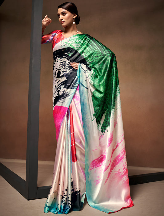 Satin Silk With Digital Rainbow Print Ethnic Saree