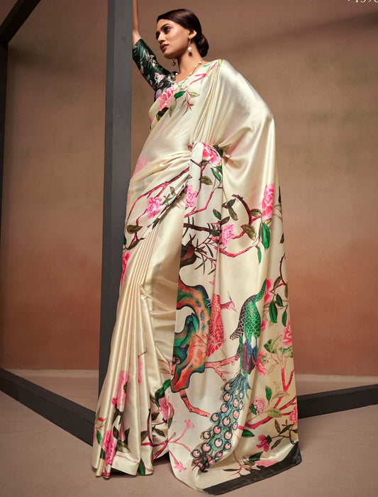 Satin Silk Ethnic With Digital Rainbow Print Saree