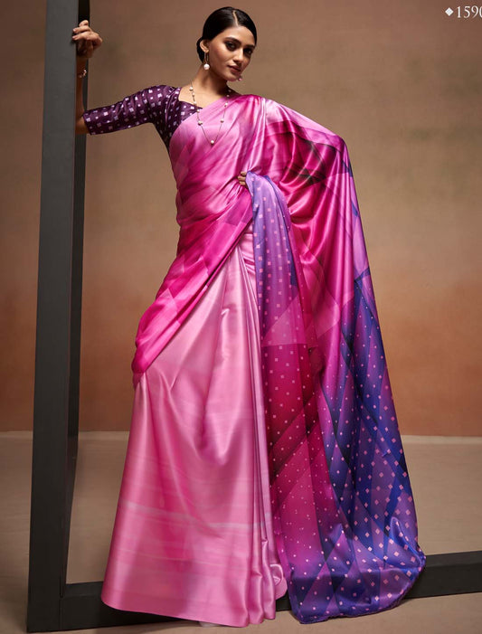 Ethnic Satin With Digital Rainbow Print Silk Saree