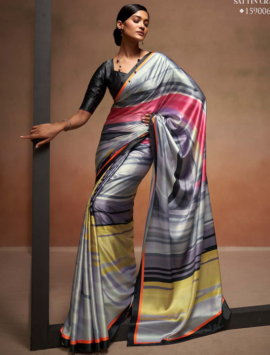 Ethnic Digital Rainbow Print With Satin Silk Saree