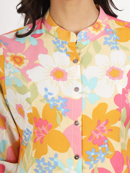 Yellow Floral Printed Fold Sleeve Viscose Rayon Casual Top