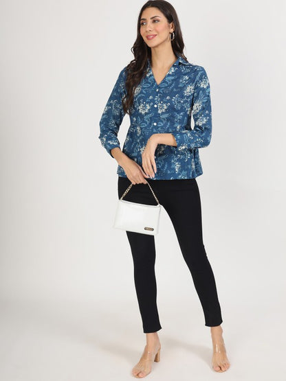 Indigo Blue Ethnic Cotton Shirt Style Casual Top