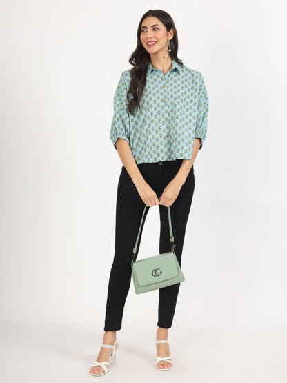 Ethnic Sky Blue Floral Printed Pure Cotton Casual Tops