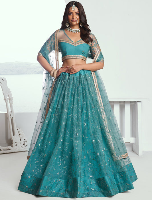 Blue Butterfly Net Thread Sequence Embroidery Designer Lehenga Choli