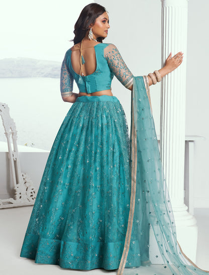 Blue Butterfly Net Thread Sequence Embroidery Designer Lehenga Choli