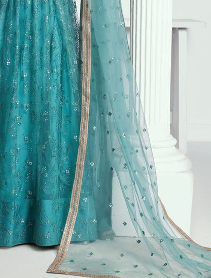 Blue Butterfly Net Thread Sequence Embroidery Designer Lehenga Choli