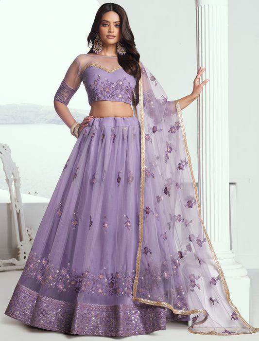 Lavender Butterfly Net Thread Sequence Embroidery Ethinc Lehenga Choli