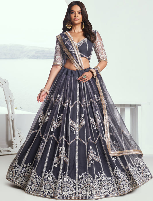 Gray Butterfly Net Thread Sequence Embroidery Designer Lehenga Choli