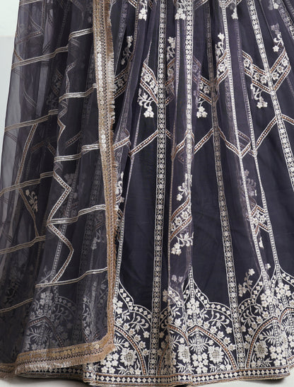 Gray Butterfly Net Thread Sequence Embroidery Designer Lehenga Choli