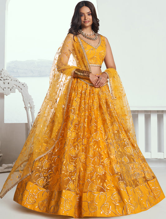 Yellow Butterfly Net Thread Sequence Embroidery Ethnic Lehenga Choli