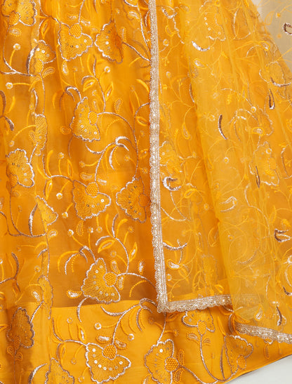 Yellow Butterfly Net Thread Sequence Embroidery Ethnic Lehenga Choli