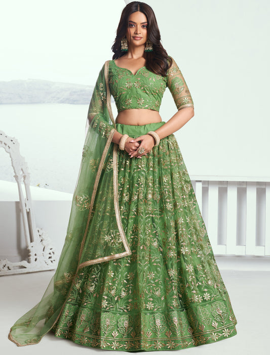 Green Butterfly Net Thread Sequence Embroidery Designer Lehenga Choli