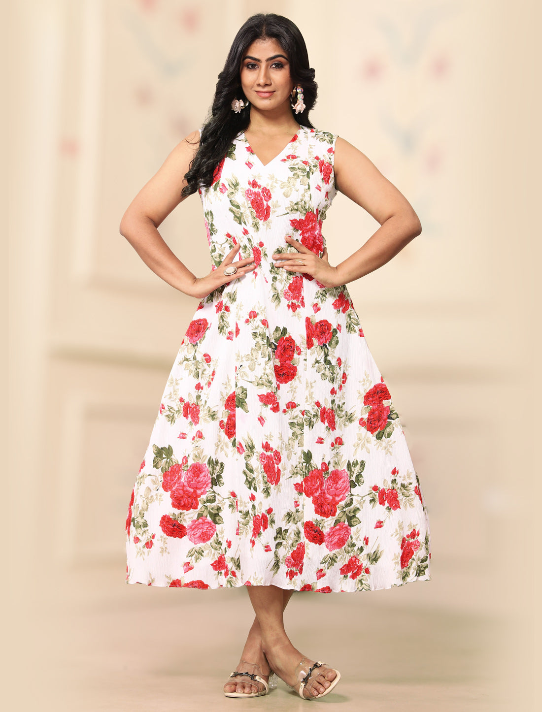 Pink Women’s Floral Midi Dress | One Piece Ethnic Wear